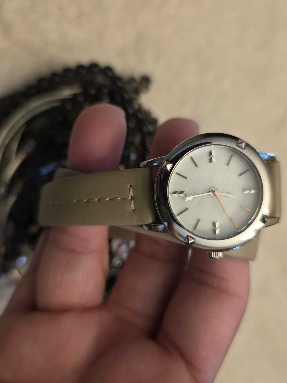 Stella & Dot Taupe Leather Strap Watch with Silver Case and Mother-of-Pearl Dial